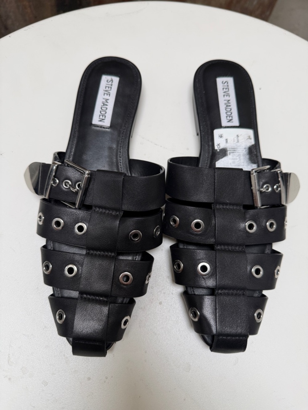 New Steve Madden Black Grommet Buckle Slide Mules size 8.5